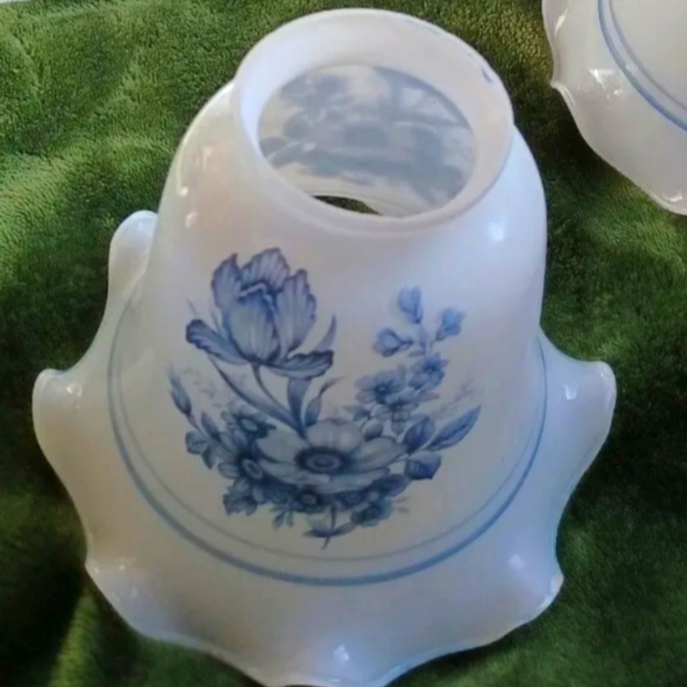 Vintage Ruffled Blue Rose White Glass Bell Fluted Edge Ceiling Fan Lamp Shades